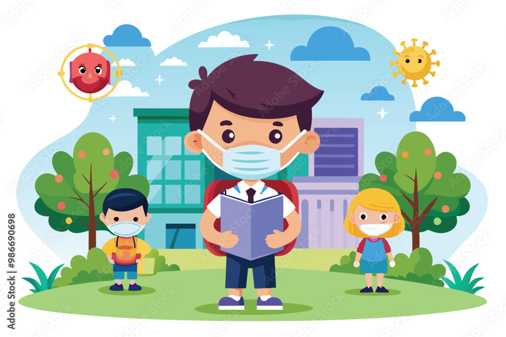 Children in masks stand outside a school, highlighting safety and friendship in a bright setting, Customizable cartoon illustration for school social distancing. Children in masks stand outside a school, highlighting safety and friendship in a bright setting, Customizable cartoon illustration for school social distancing.