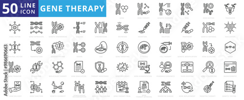 Gene therapy icon set with therapy, genetic disorder, dna, editing, transgene, viral victor, non, transfer, delivery and expression.