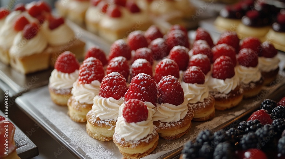 Delectable array of mini pastries adorned with fresh raspberries and cream, showcasing the artistry of patisserie on a rustic wooden serving board. Delectable array of mini pastries adorned with fresh raspberries and cream, showcasing the artistry of patisserie on a rustic wooden serving board.