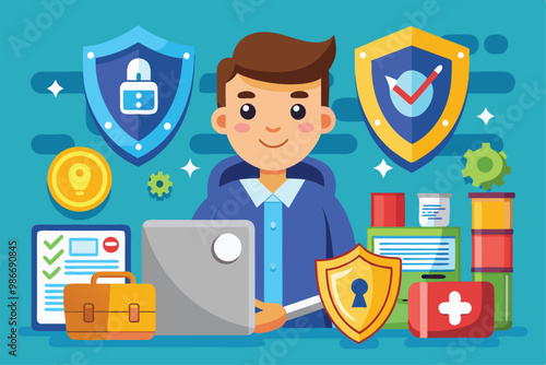 A cartoon illustration features a security professional engaged in tasks related to digital protection, Customizable cartoon illustration for security.