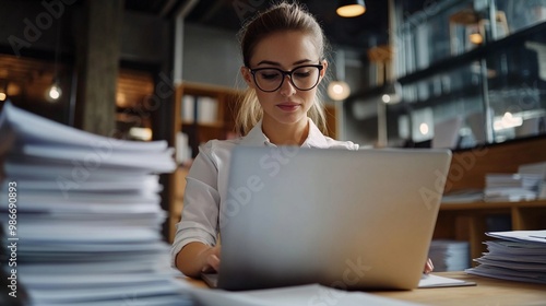 Focused professional in white shirt and glasses immersed in work at a desk, surrounded by stacks of papers and illuminated by soft office lighting.