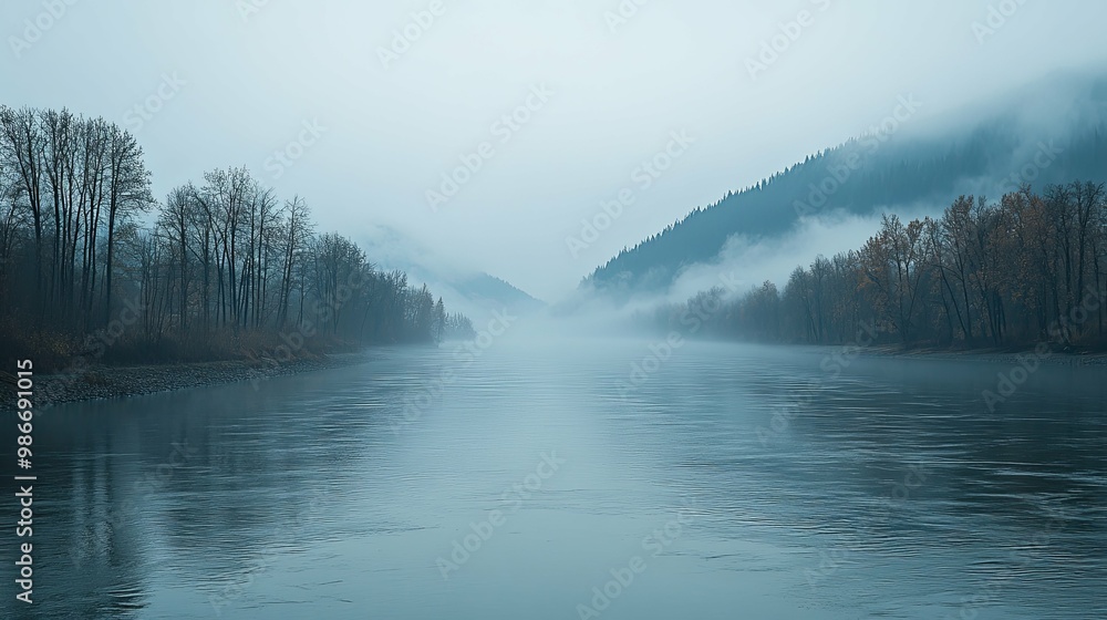 Fototapeta premium Misty River Valley with Fog Enveloped Trees