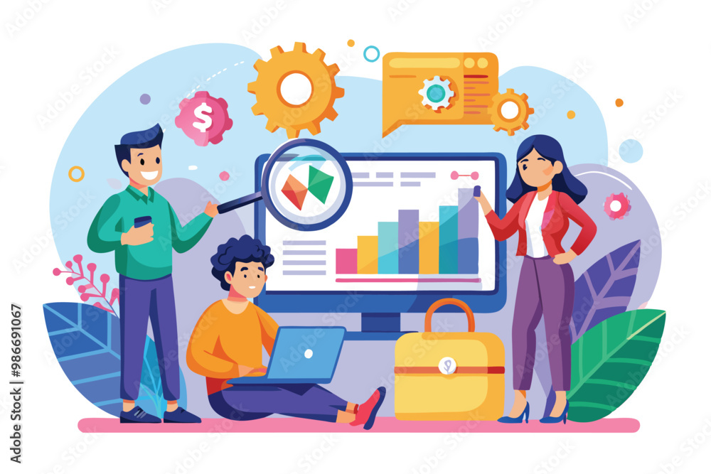 Three diverse characters engage in SEO analytics using graphs and tools in a vibrant digital workspace, Customizable Cartoon Illustration for Seo analytics team Three diverse characters engage in SEO analytics using graphs and tools in a vibrant digital workspace, Customizable Cartoon Illustration for Seo analytics team