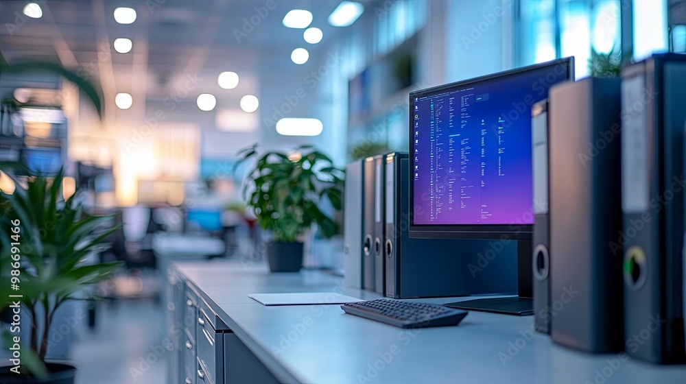 Fototapeta premium Modern Office Desk with Computer, Keyboard, and File Folders