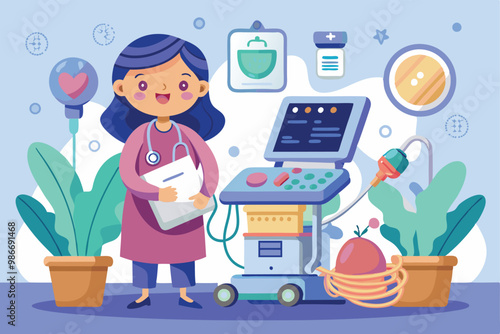 A friendly healthcare professional stands with sonography equipment among plants in a bright, inviting space, Customizable cartoon illustration for sonography.
