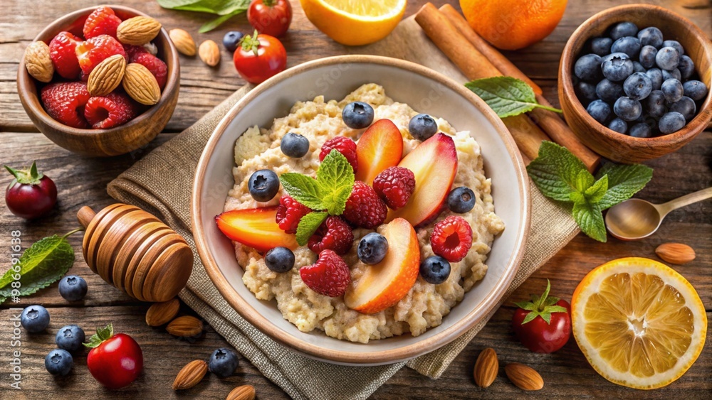 A nutritious breakfast spread featuring oatmeal, nuts, and fruits A nutritious breakfast spread featuring oatmeal, nuts, and fruits