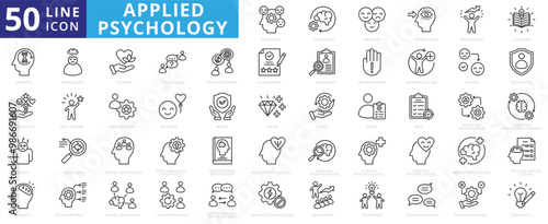 Applied psychology icon set with cognition, emotion, perception, motivation, learning, memory, personality, stress, anxiety and depression.