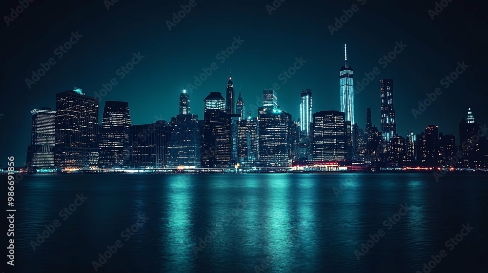 Fototapeta premium A City Skyline Illuminated at Night with Reflections on the Water
