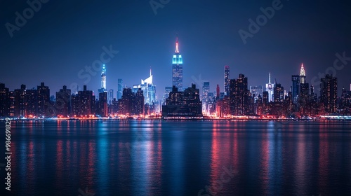 Nighttime Skyline of Manhattan with City Lights Reflecting on Water