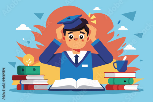 A student feels overwhelmed with schoolwork surrounded by books, a lightbulb, and a cup, Customizable cartoon illustration for student stress.