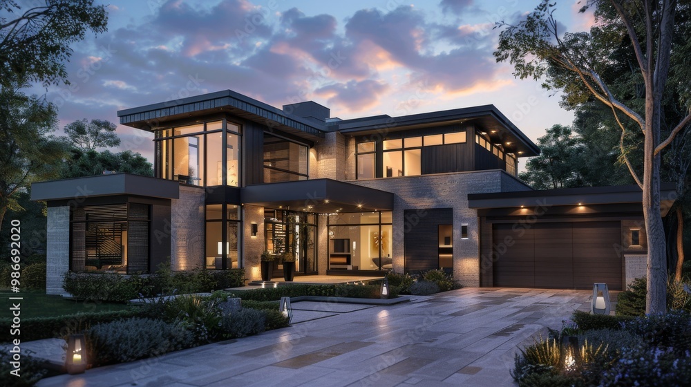 Modern home with sleek design and warm lighting, inviting and luxurious. Modern home with sleek design and warm lighting, inviting and luxurious.