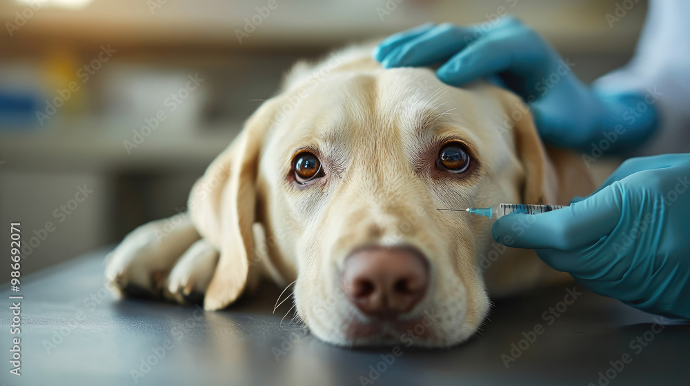 A dog is being given a shot by a veterinarian. The dog is laying on a table and he is in pain. The veterinarian is wearing gloves and is holding a syringe A dog is being given a shot by a veterinarian. The dog is laying on a table and he is in pain. The veterinarian is wearing gloves and is holding a syringe
