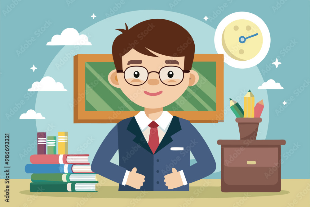 A cheerful teacher is portrayed at a well-organized desk in a classroom, surrounded by books and school supplies, Customizable cartoon illustration for teachers. A cheerful teacher is portrayed at a well-organized desk in a classroom, surrounded by books and school supplies, Customizable cartoon illustration for teachers.