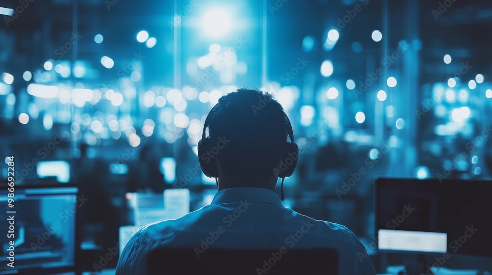 A man wearing noise-canceling headphones, focused and relaxed in a busy office environment, with a blurred background illustrating the concept of noise cancellation. A man wearing noise-canceling headphones, focused and relaxed in a busy office environment, with a blurred background illustrating the concept of noise cancellation.