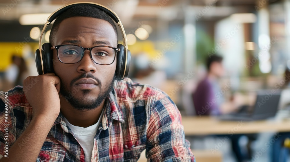 A man wearing noise-canceling headphones, focused and relaxed in a busy office environment, with a blurred background illustrating the concept of noise cancellation. A man wearing noise-canceling headphones, focused and relaxed in a busy office environment, with a blurred background illustrating the concept of noise cancellation.