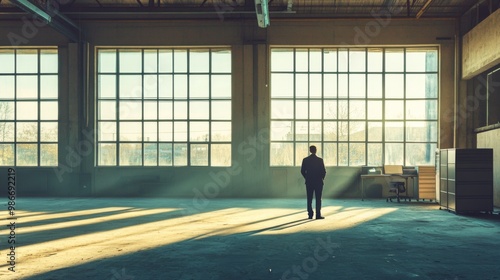 A businessman standing alone in an empty office, looking reflective and slightly sad, with sunlight streaming through large windows, capturing the poignant moment of an office closure.