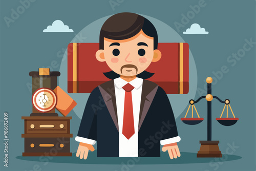 A cartoon character representing a defendant stands in a courtroom with legal symbols and elements surrounding him, Customizable cartoon illustration for the defendant.