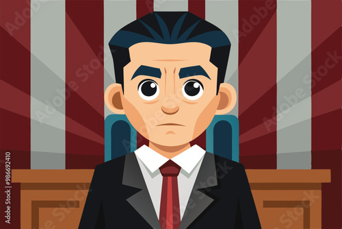 A serious cartoon character representing a defendant stands in a courtroom setting ready for trial, Customizable cartoon illustration for the defendant.