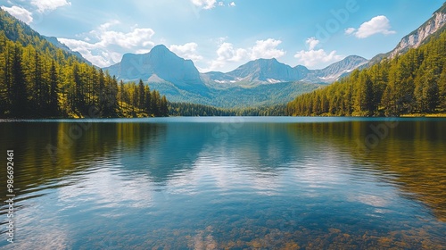 Tranquil Mountain Lake with Clear Water and Surrounding Trees