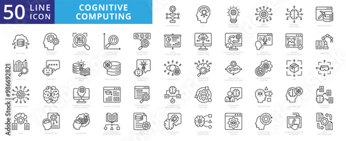 Cognitive computing icon set outline vector collection. Containing algorithm, ai, machine learning, deep learning, neural network icons.