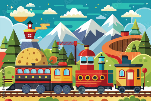 A colorful cartoon train awaits customization in a lively outdoor setting with mountains and trees, Customizable cartoon illustration for trains.