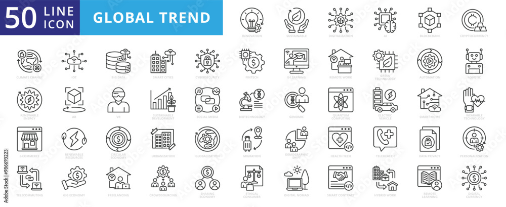Global trend icon set outline vector collection. Containing innovation, sustainable, digitalization, AI, blockchain icons. Global trend icon set outline vector collection. Containing innovation, sustainable, digitalization, AI, blockchain icons.