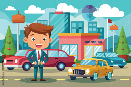 A friendly character stands proudly in front of various cartoon cars in an animated city setting, Customizable cartoon illustration for vehicle sales.