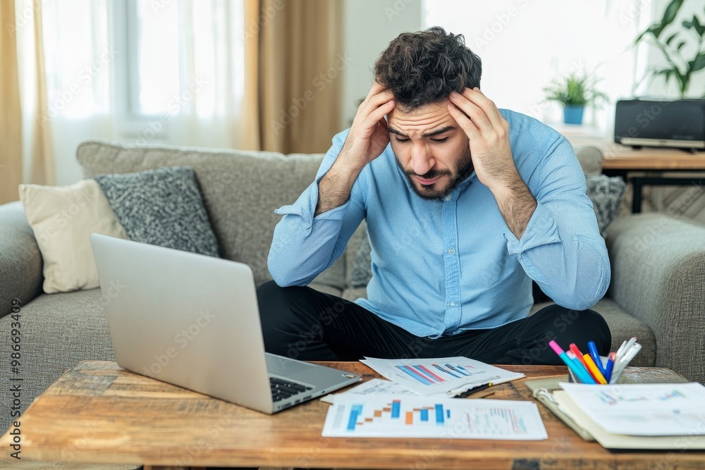 Worried man sitting on a couch, holding his head while looking at an open laptop and distressed by a declining bar graph, with financial documents and colored markers beside him in a cozy living room Worried man sitting on a couch, holding his head while looking at an open laptop and distressed by a declining bar graph, with financial documents and colored markers beside him in a cozy living room