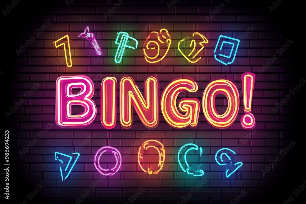 Neon sign with the word “BINGO!” surrounded by colorful neon numbers, bright lights on a dark background, vector illustration with vibrant colors. Neon sign with the word “BINGO!” surrounded by colorful neon numbers, bright lights on a dark background, vector illustration with vibrant colors.