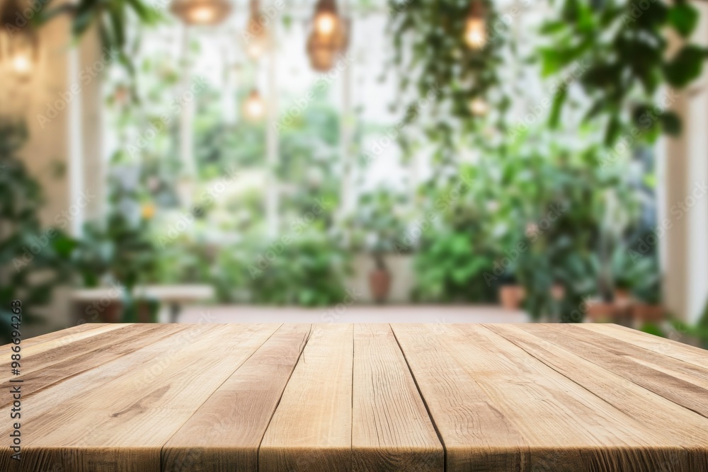 Empty wooden table top with blurred bokeh background of green garden and modern coffee shop interior, high definition wide-angle shot, boho aesthetic for product display. Empty wooden table top with blurred bokeh background of green garden and modern coffee shop interior, high definition wide-angle shot, boho aesthetic for product display.