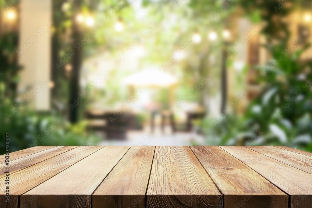 Empty wooden table top with blurred bokeh background of green garden and modern coffee shop interior, high definition wide-angle shot, boho aesthetic for product display. Empty wooden table top with blurred bokeh background of green garden and modern coffee shop interior, high definition wide-angle shot, boho aesthetic for product display.