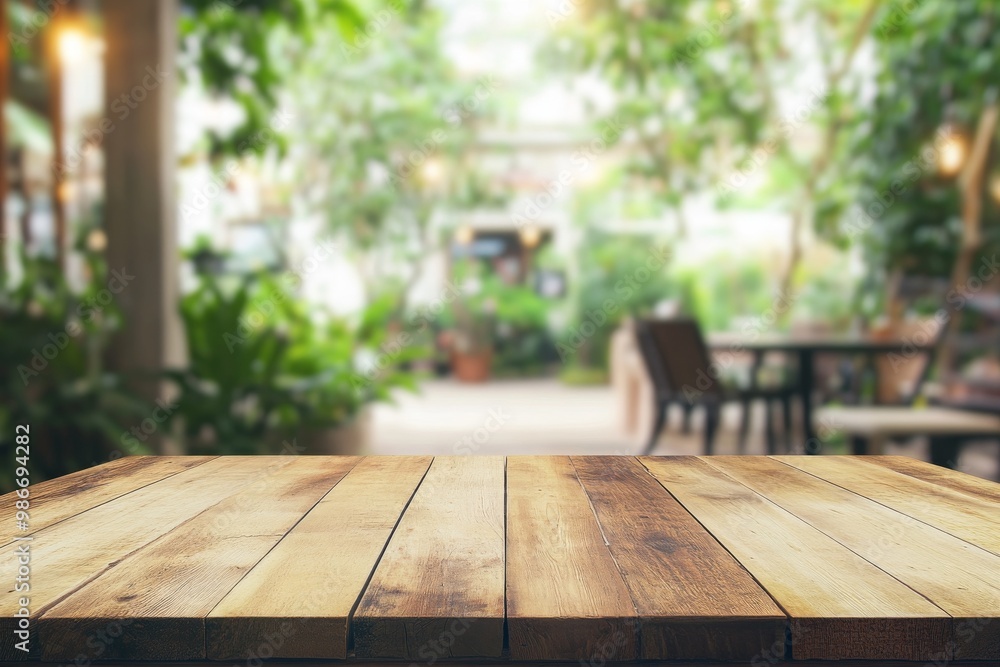 Empty wooden table top with blurred bokeh background of green garden and modern coffee shop interior, high definition wide-angle shot, boho aesthetic for product display. Empty wooden table top with blurred bokeh background of green garden and modern coffee shop interior, high definition wide-angle shot, boho aesthetic for product display.