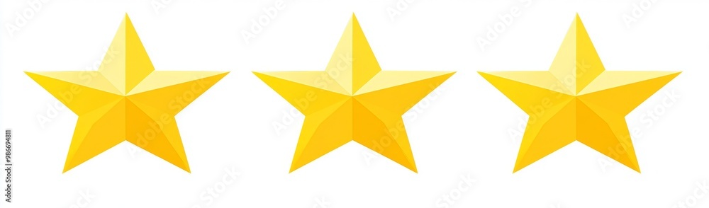 Flat design of 3 yellow five-pointed stars in a minimalistic vector style, featuring simple shapes and gold color fill on a white background, perfect for a 5-star rating icon. Flat design of 3 yellow five-pointed stars in a minimalistic vector style, featuring simple shapes and gold color fill on a white background, perfect for a 5-star rating icon.