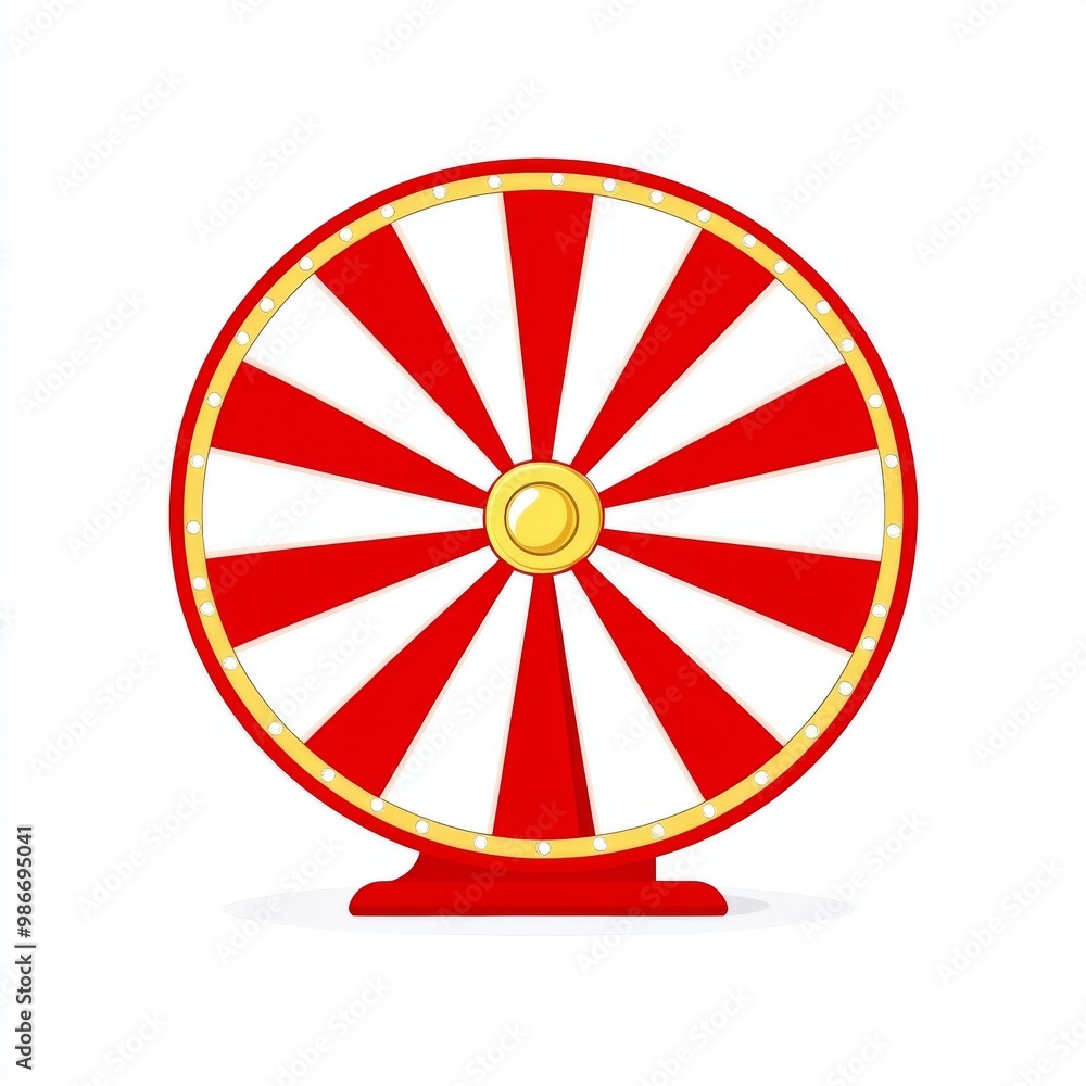 Illustration of a red and white wheel of fortune in a flat, cartoonish vector style with high resolution, vibrant colors, and sharp details on a white background. Illustration of a red and white wheel of fortune in a flat, cartoonish vector style with high resolution, vibrant colors, and sharp details on a white background.