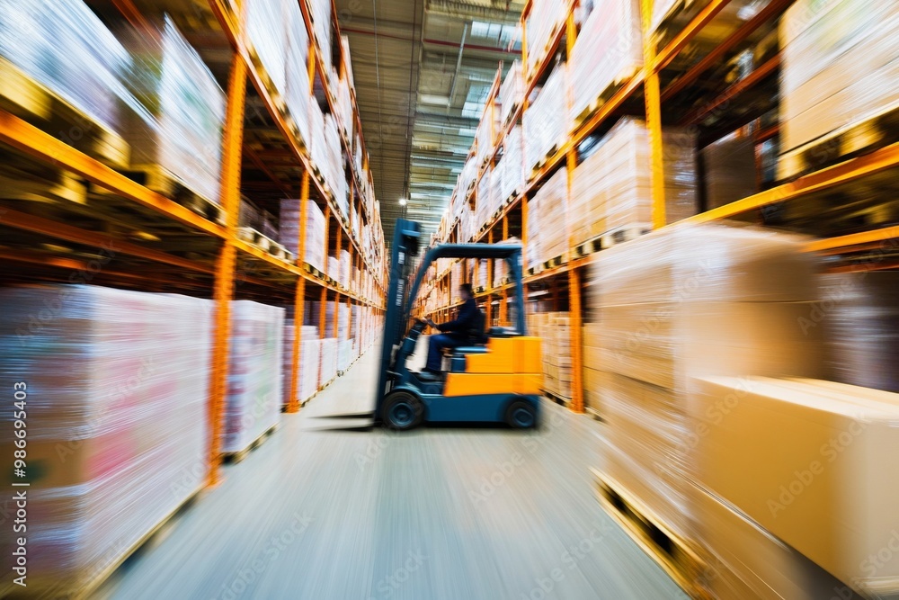 Dynamic shot of a forklift in motion within a warehouse, moving quickly past shelves filled with boxes and pallets, emphasizing speed and efficiency in an industrial setting.
Dynamic shot of a forklift in motion within a warehouse, moving quickly past shelves filled with boxes and pallets, emphasizing speed and efficiency in an industrial setting.