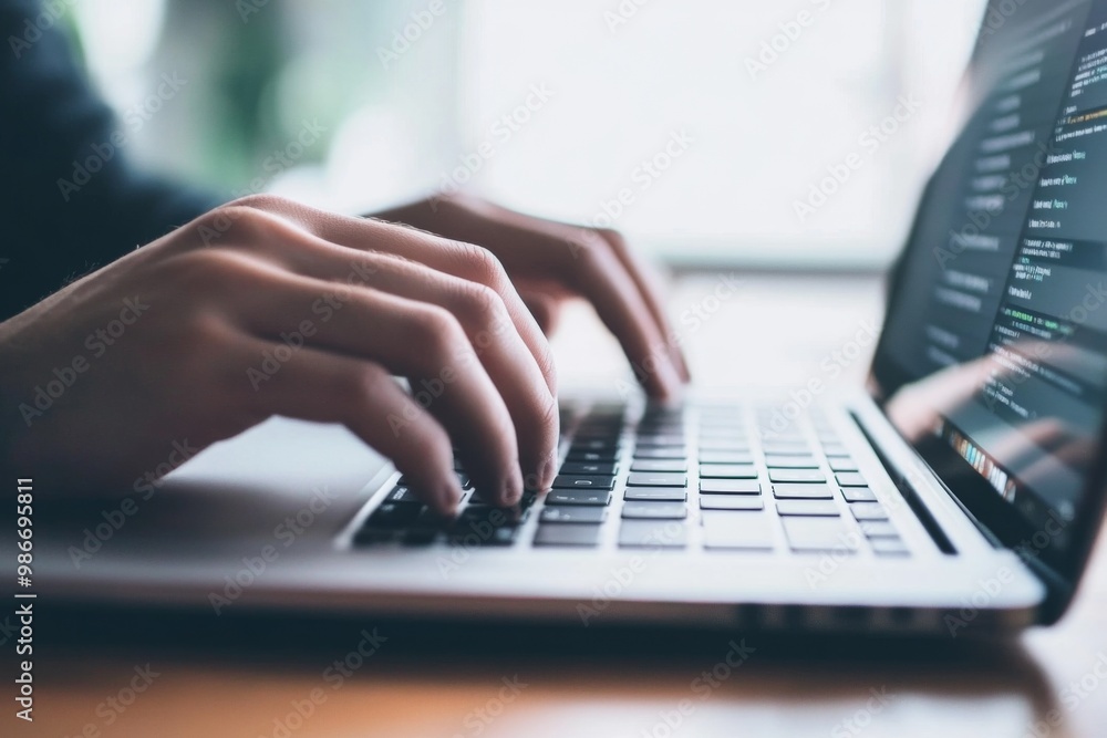 Focused individual typing on a laptop, representing detailed work in business technology or online writing, with one hand on the keyboard and the other hovering above it. Focused individual typing on a laptop, representing detailed work in business technology or online writing, with one hand on the keyboard and the other hovering above it.