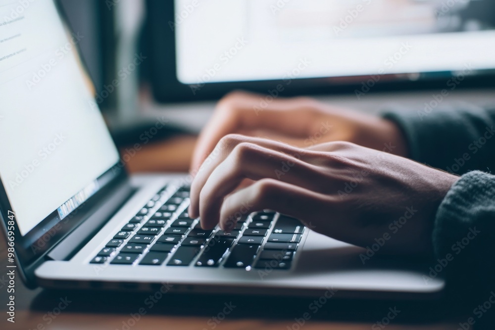 Focused individual typing on a laptop, representing detailed work in business technology or online writing, with one hand on the keyboard and the other hovering above it. Focused individual typing on a laptop, representing detailed work in business technology or online writing, with one hand on the keyboard and the other hovering above it.