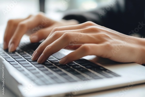 Focused individual typing on a laptop, representing detailed work in business technology or online writing, with one hand on the keyboard and the other hovering above it.