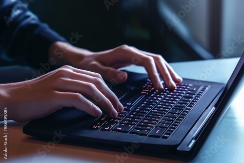 Focused individual typing on a laptop, representing detailed work in business technology or online writing, with one hand on the keyboard and the other hovering above it.