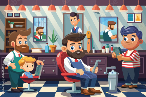 A skilled barber styles hair for clients while a child eagerly waits in a chair with anticipation, Customizable cartoon illustration of a busy barbershop.