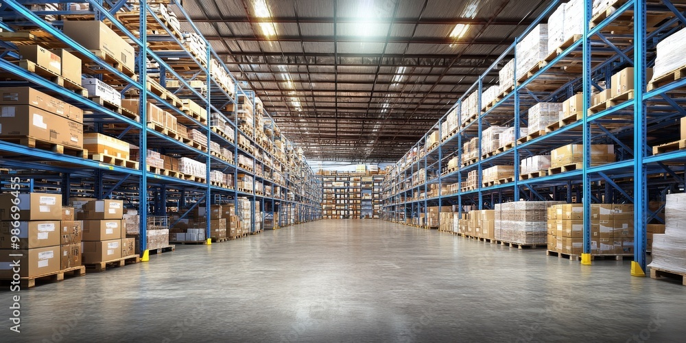 Wide-angle view of a bustling warehouse with blue racking and shelves filled with boxes, bright overhead lighting, and rows of pallets showcasing various products in their packaging. Wide-angle view of a bustling warehouse with blue racking and shelves filled with boxes, bright overhead lighting, and rows of pallets showcasing various products in their packaging.