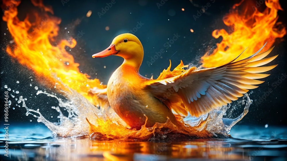 Orange and yellow duck with flames on its body and wings, splashing in water Orange and yellow duck with flames on its body and wings, splashing in water
