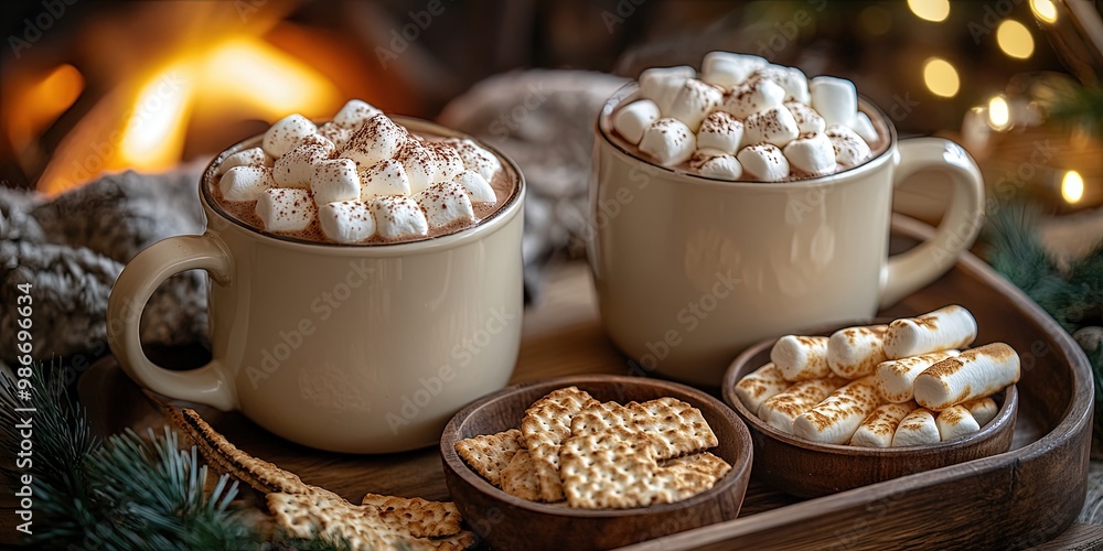 Roasted marshmallows and hot chocolate by the campfire in the winter outdoors Roasted marshmallows and hot chocolate by the campfire in the winter outdoors