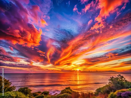 Orange hues dissolve into purple and pink, a breathtaking sunset panorama unfolding on the horizon.