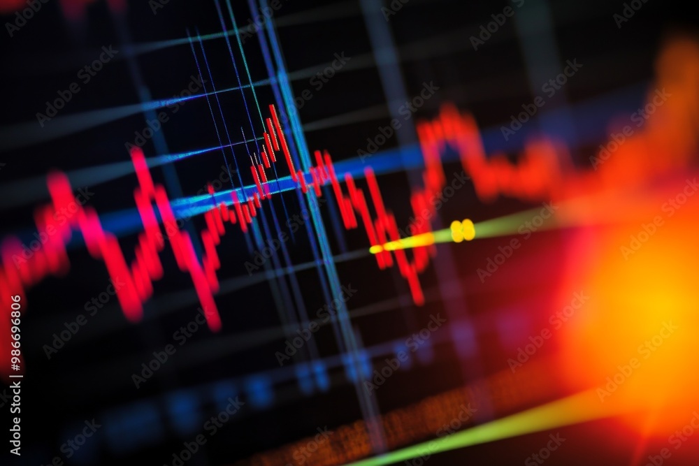 Close-up of a stock market chart showing red and blue candlestick lines with a falling trend and new low indicator, creating a detailed financial analysis backdrop. Close-up of a stock market chart showing red and blue candlestick lines with a falling trend and new low indicator, creating a detailed financial analysis backdrop.