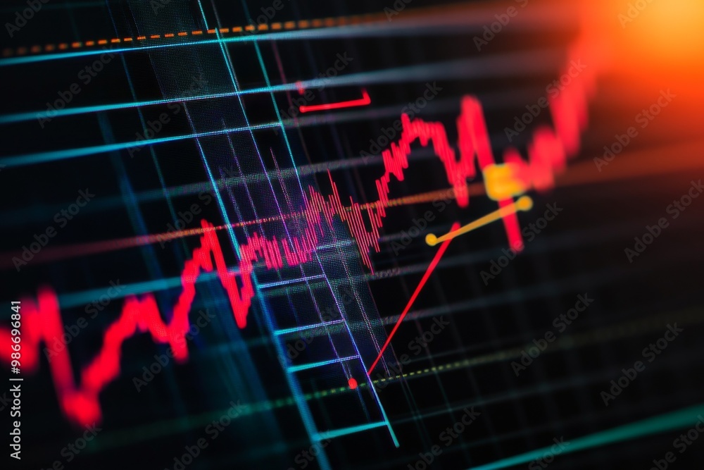 Close-up of a stock market chart showing red and blue candlestick lines with a falling trend and new low indicator, creating a detailed financial analysis backdrop. Close-up of a stock market chart showing red and blue candlestick lines with a falling trend and new low indicator, creating a detailed financial analysis backdrop.