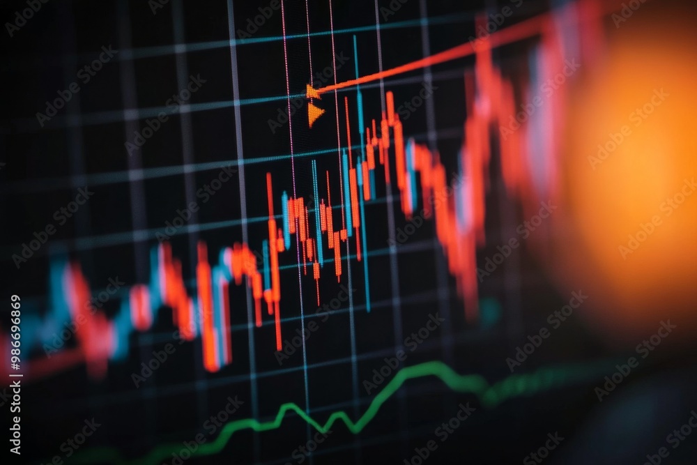 Close-up of a stock market chart showing red and blue candlestick lines with a falling trend and new low indicator, creating a detailed financial analysis backdrop. Close-up of a stock market chart showing red and blue candlestick lines with a falling trend and new low indicator, creating a detailed financial analysis backdrop.