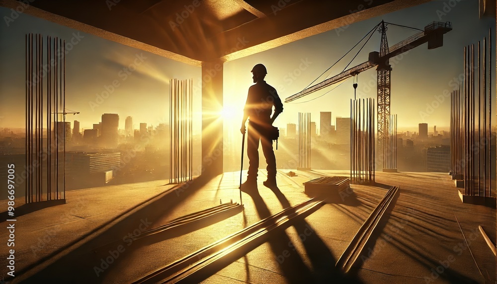A construction worker silhouette standing on a building site at sunrise A construction worker silhouette standing on a building site at sunrise