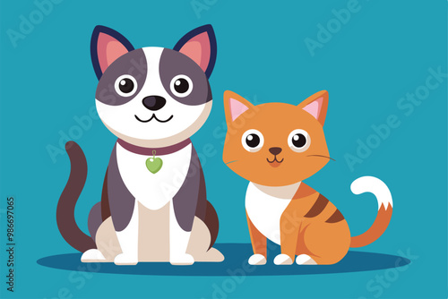 A cheerful cat and a playful dog stand side by side, showcasing their playful personalities and charm, Customizable cartoon illustration of a cat and dog.