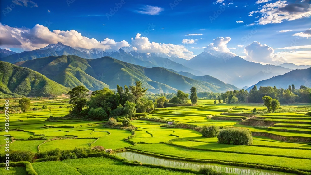 Panoramic view of lush green rice paddies and mountains against a vibrant blue sky in Gilan, Iran Panoramic view of lush green rice paddies and mountains against a vibrant blue sky in Gilan, Iran